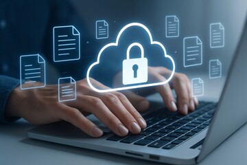 Person using laptop with glowing cloud and document icons representing data security