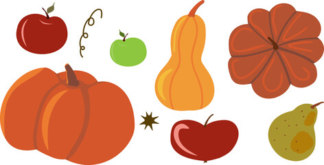 Set of isolated vector autumn harvest elements including pumpkins, gourds, apples, and a pear in flat cartoon style. Perfect for fall decor, seasonal recipes, and digital designs.