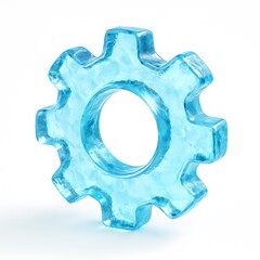 An icy blue gear isolated on white background represents technology