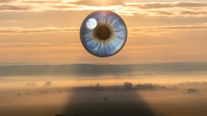 Surreal Eye in the Sky Over Misty Countryside at Dawn