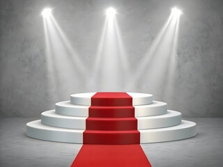 Empty multi tiered white podium with red carpet and spotlights on concrete background