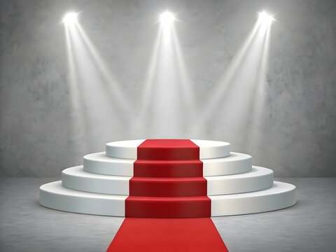 Empty multi tiered white podium with red carpet and spotlights on concrete background