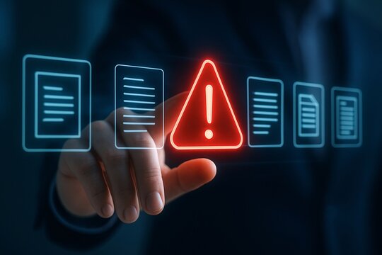 Human finger interacting with a digital interface displaying a warning sign and documents