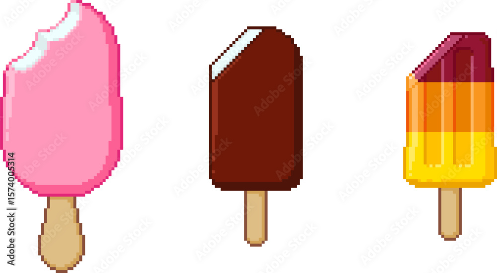 Fototapete Pixel art ice cream set. 8-bit style frozen treats on sticks - fruity and layered popsicles, chocolate covered bars. Retro dessert graphics for summer themes and game UI.