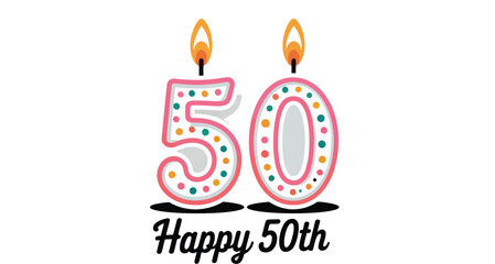 A festive image showing two candles shaped like the number fifty with happy fiftieth message below it