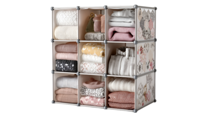 Close up of a nine cube storage organizer filled with folded clothes and accessories inside the cubes