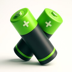 Two green and black batteries isolated on white background represent energy