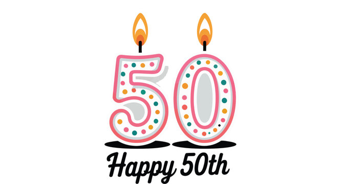A festive image showing two candles shaped like the number fifty with happy fiftieth message below it