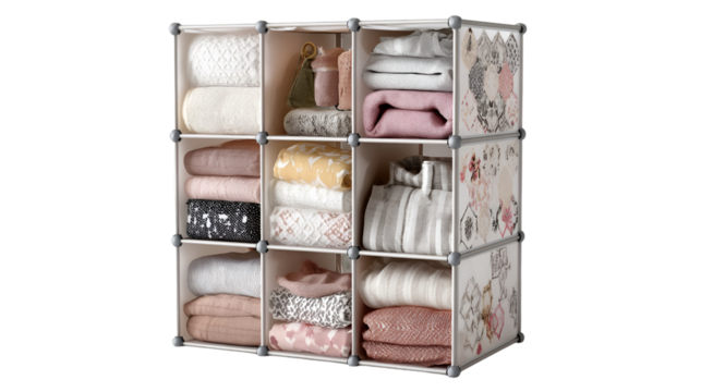 Close up of a nine cube storage organizer filled with folded clothes and accessories inside the cubes
