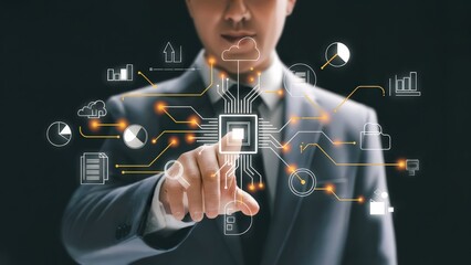 Man interacting with innovative holographic display of data analytics icons