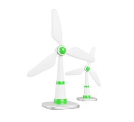 3d wind turbine isolated on blue background. Alternative renewable power generation, green energy concept. Cartoon render icon of windmill or aerogenerator with white vanes