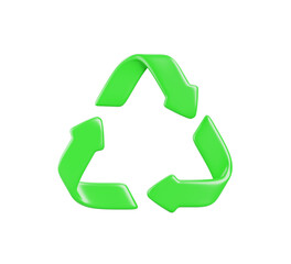 3d recycle sign, green triangle arrows. Realistic logo render icon, recycling material symbol for sorting paper, glass, plastic or organic waste. Save planet, environment and ecology