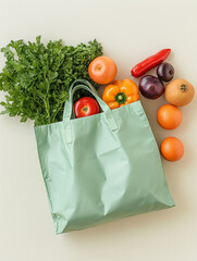 Reusable Grocery Bag with Fresh Vegetables on Beige Background. Mint green shopping bag filled with fresh vegetables including peppers and greens.