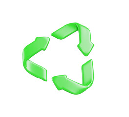 3d green recycling symbol render icon. Recycle sign of triangle arrows shape isolated on blue background. Waste sorting, environment protection, save planet and eco conservation