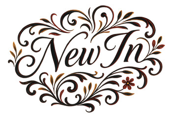 Ornate sticker with "New In" text in elegant floral style, perfect for eye-catching promo offers on transparent background.