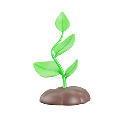3d green seedling or sprout emerged from soil. Summer or spring plant grow in ground pile. Young tree with branches and leaves, isolated nature element for design. Cartoon render icon
