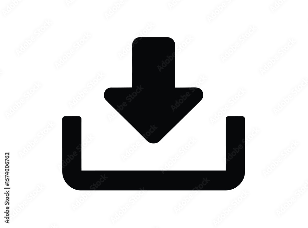 Fototapete A black download icon with an arrow pointing down into a box on a white background simple design