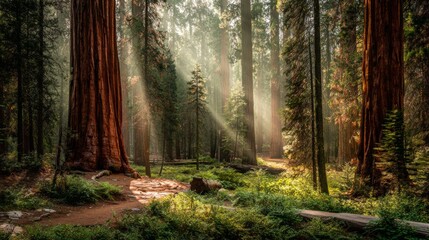 Fototapeta premium Enchanted Misty Forest with Towering Red-Barked Trees and Sunbeams Piercing Ancient Canopy