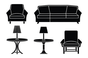 Fototapeta premium Black silhouette living room furniture set couch armchairs tables and lamps
