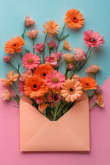Colorful Flowers in Peach Envelope on Pastel Background. Creative floral arrangement with pink and orange flowers emerging from a peach envelope, set on a pastel blue and pink background.
