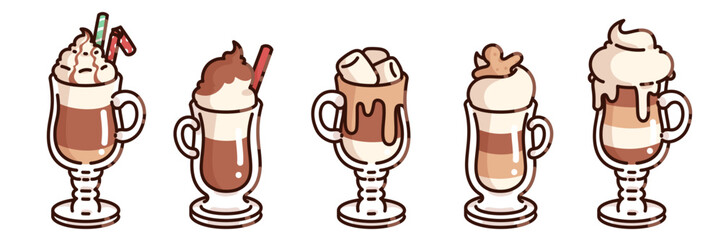 Christmas coffee cup set with layered latte glasses - whipped cream topped with candy cane straws, chocolate swirl drink, hot cocoa dripping marshmallows, macchiato with foam art and mocha overflow.