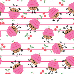 Cute hand drawing cartoon cherry cupcakes seamless pattern. cute dessert pattern in white background for gift wrap paper and wallpaper