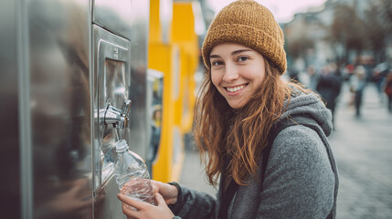 Woman Filling Water Bottle at Public Fountain: Urban Hydration and Sustainable Living