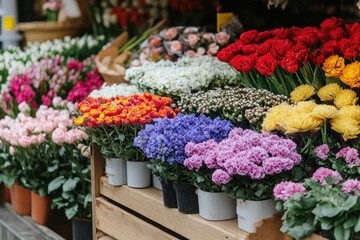 Flower market display of colorful tulips, mums, and other assorted bouquets. Great for springtime designs or to convey fresh floral beauty.