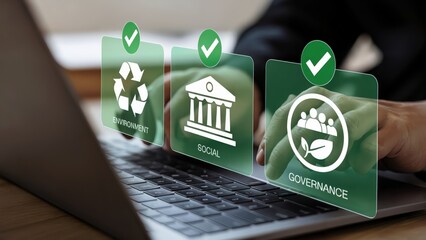 Sustainable ESG business approach showcases company commitment to environment, social responsibility and corporate governance.