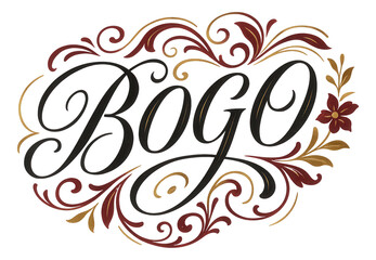 Ornate oval sticker with "BOGO" in elegant script, vintage retail offer promotion on transparent background.