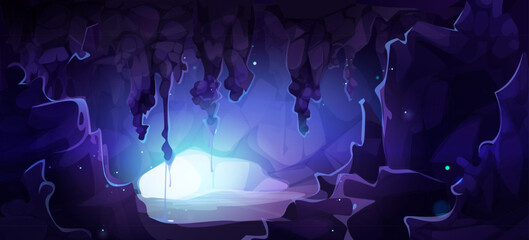 Magic cave interior with glowing blue light streaming through entrance, purple stalactites hanging overhead, mystical stone formations. Enchanted underground cavern for fantasy games, adventure bg.