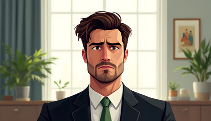 Sad Businessman Cartoon Wearing Dark Suit in Office Setting
