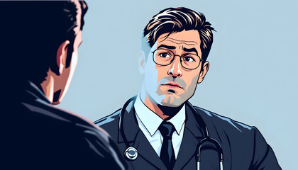 Pensive Doctor Talking to Man in Mirror Wearing Dark Suit