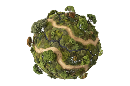 Miniature planet mossy forest with winding paths isolated on a transparent background trees