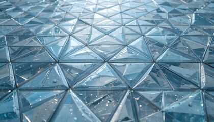 A captivating geometric pattern of light blue glass triangles reflecting subtle light creating depth