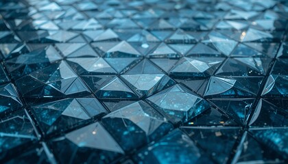 Abstract geometric pattern of blue triangles creates a futuristic crystal background texture.