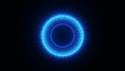 A luminous blue circle radiates outward against a stark black backdrop, abstract and futuristic.