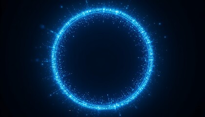 Obraz premium Luminous blue digital ring emanating light and particles, set against a dark, high-tech backdrop.
