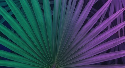 Fototapeta premium Vibrant Green and Purple Gradient Lighting Across Palm Fronds Creating a Tropical Abstract Pattern