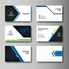 Modern abstract business card templates with blue, green, and black circuit board and geometric designs for technology companies.