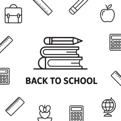 Back to school icons with books pencil calculator apple globe and briefcase