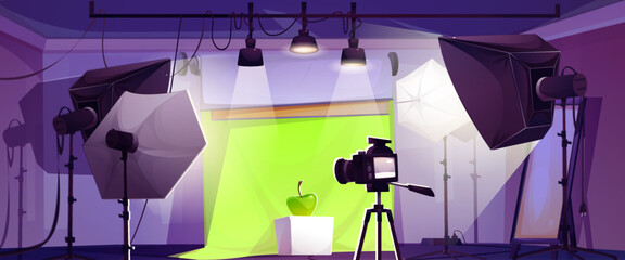 Fototapeta na wymiar Photo studio cartoon interior - green backdrop with apple on white pedestal, camera on tripod, multiple softbox lights, hanging lamps. Professional photography workspace setup for product shooting.