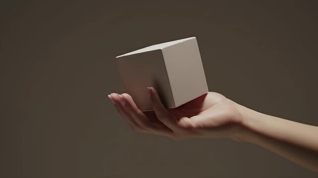 Elegant Close Up of a Woman's Hand Holding a Clean White Cube Against Warm Gray Backdrop in Studio Lighting