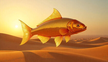 giant glass koi fish floating above a desert, golden hour, magical realism