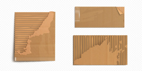 Brown torn cardboard sheets with ripped edges and corrugated texture - recycled paper pieces of damaged packaging material. Realistic kraft envelope fragments for shipping or eco friendly designs.