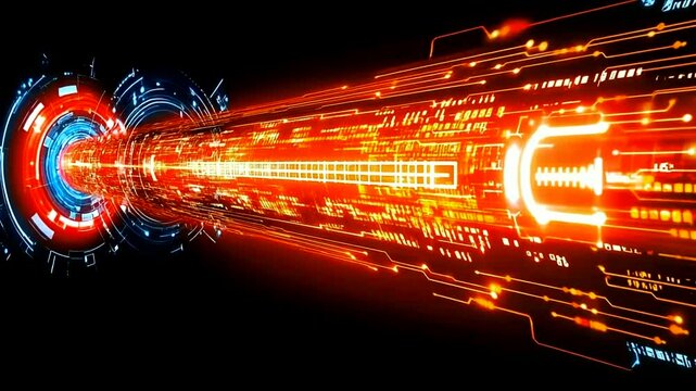 Futuristic data stream, vibrant orange and blue hues, digital tunnel