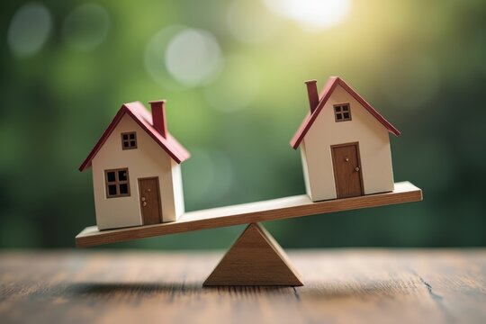 Photo: House teetering on seesaw between rising and falling mortgage interest rates.