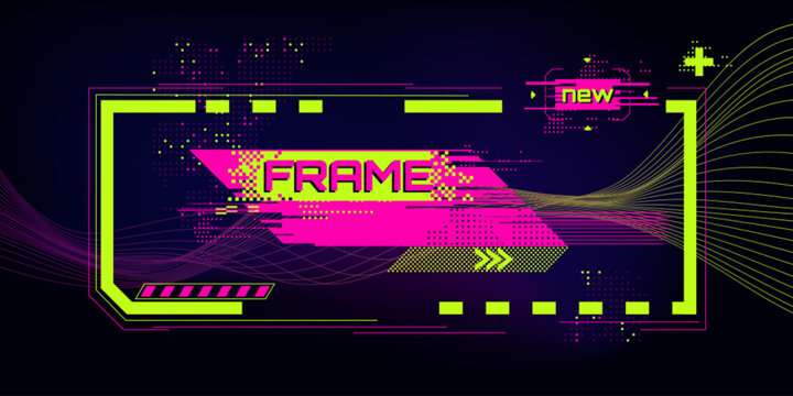 Cyberpunk glitch frame with neon pink banner - bright green border, flowing wave lines, dotted textures and new label. Digital interface design for streaming overlays, gaming ui or tech presentation.