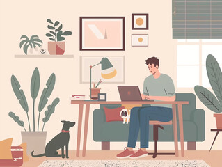 Man Working from Home Office: Laptop, Desk, Plants, Pets
