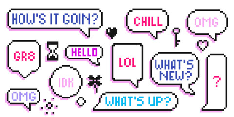 Retro pixel speech bubbles set - various chat boxes with text messages, emoticons like hearts, hourglass, question marks for gaming interfaces, online messaging apps or social media sticker packs.